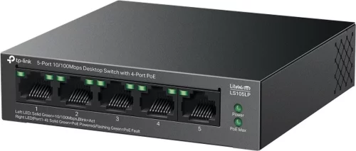 TP-Link LS105LP, Настольный коммутатор с 5 портами 10/100 Мбит/с (4 порта PoE), 802.3af, бюджет PoE — 41 Вт, до 250 метров