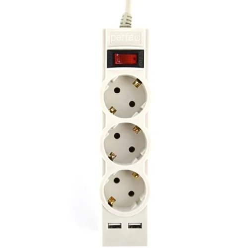Perfeo сетевой фильтр POWER-S, 5,0м, 3 розетки 10А, 2USB, 2500 Вт, двойная защита, серый. (PF_E1642)