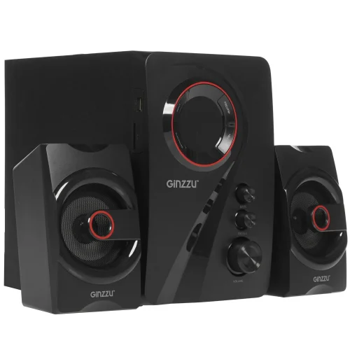Ginzzu GM-406 2.1 с Bluetooth, выходная мощность 20Вт + 2х10Вт, аудиоплеер USB-flash, SD-card, FM-радио, пульт ДУ - 21 кнопка, стерео вход (2RCA), эквалайзер (обыч