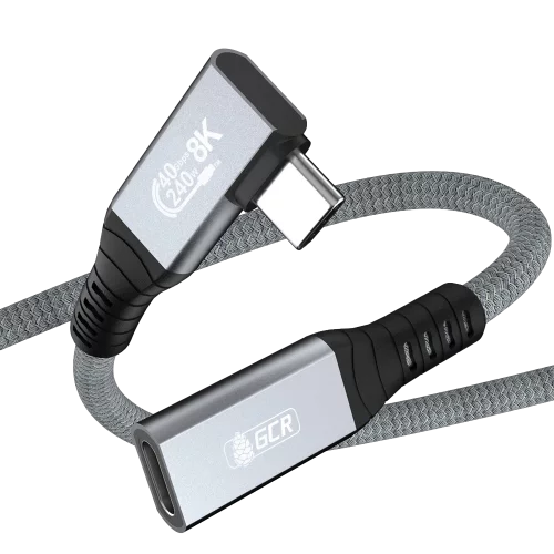 GCR PRO Удлинитель USB4 Type-C, 0.2m, угловой, 40Gbps, 240W, 8K60Hz, M/F, штекер Г-образный боковой, текстиль, серый, GCR-57136