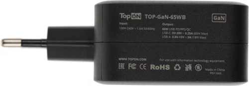 Блок питания TopON TOP-GaN-65WB автоматический 65W 5V-20V 3.25A 2xUSB от бытовой электросети LED индикатор (103205) фото 5