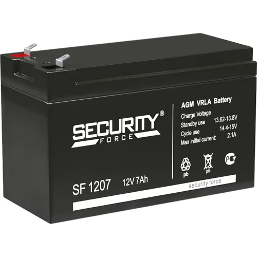 Батарея SECURITY FORCE серия SF, SF 1207, напряжение 12В, емкость 7Ач (разряд 20 часов), макс. ток разряда (5 сек.) 60А, макс. ток заряда 2.1А, свинцово-кислотная типа AGM, клеммы F1, ДxШxВ 151х65х95мм., вес кг., срок службы 3-5 лет./ Battery SECURITY FO