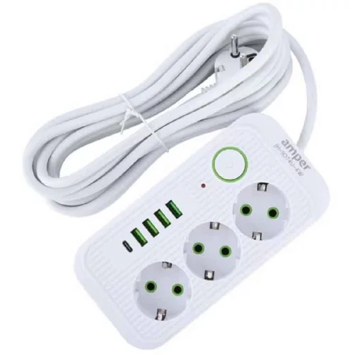 Amper сетевой удлинитель, 4,0м, 3 розетки, 3*0,75мм, 10А, 2500 Вт, 4usb, 1Type-C, белый. (JH-1074U-4W)