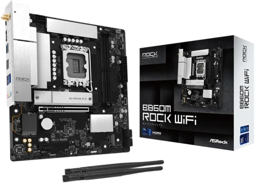 Материнская плата ASROCK B860M Rock WiF, LGA1851, B860, 4*DDR5, 4*SATA, 4*M.2, 4*USB 3.2, 3*USB 2.0, Type-C, 2*PCIx16, 1*M.2 (Key E), HDMI, mATX (B860M ROCK WIFI)