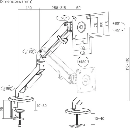 Кронштейн для мониторов Ultramounts UM734BL серый/черный 17-27 макс.7кг крепление к столешнице поворот и наклон