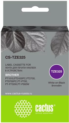 Картридж ленточный Cactus CS-TZE325 TZE-325 белый на черном 9x8 для Brother 1010/1280/1280VP/2700VP