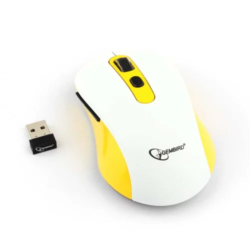 Gembird MUSW-221-Y {Мышь беспров., белый/ жёлтый, 5кн.+колесо-кнопка, 800/ 1200/ 1600DPI, 2.4ГГц, трехуровневая система энергосбережения} фото 3