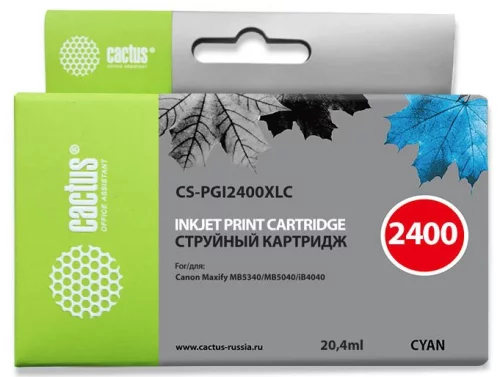Картридж струйный Cactus CS-PGI2400XLC PGI-2400XLC голуб.пигм. (20.4мл) для Canon MAXIFY iB4040/ МВ5040/ МВ5340 с чипом