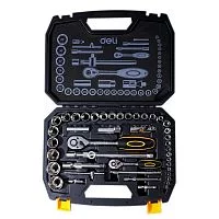 Набор торцевых головок и ключей 44 предмета Deli DL1044 1/2"+1/4", сталь Cr-V, комплектация: торцевые головки (1/4" 4-14мм, 1/2" 8-32мм), 10 удлинительных/соединительных стержней, трещотки 1/4" и 1/2" 45 зубьев, пластиковый кейс