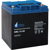 Battery Parus Electro, professional series HML-12-28, voltage 12V, capacity 28Ah (discharge 20 hours), max. discharge current (5sec) 310A, max. charge current 11.2A, lead-acid AGM type, M5 bolt terminals, LxWxH 165x125x175mm., total height with terminals