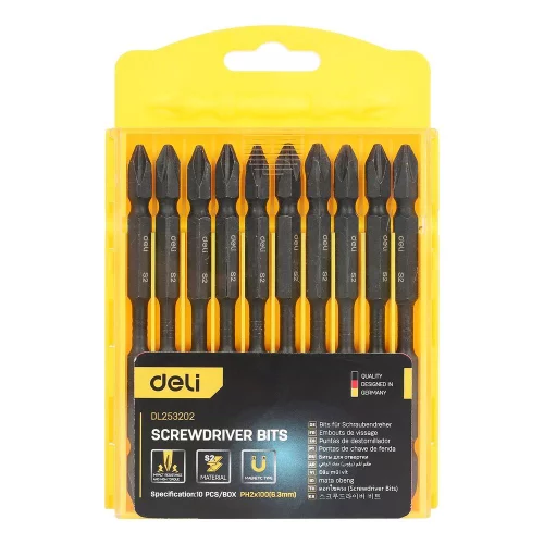Набор Deli двухсторонних торсионных бит для ударных шуруповертов 10 шт DL253202 PH2*100мм, сталь S2, пласт.кейс