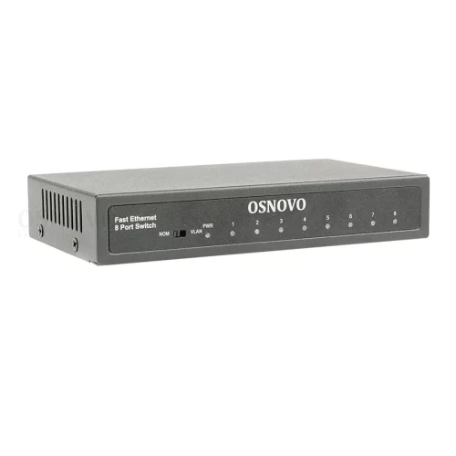 Коммутатор Fast Ethernet OSNOVO SW-10800 Неуправляемый коммутатор Fast Ethernet на 8 RJ45 портов. Порты: 8 x FE (10/100Base-TX). Изоляция портов (VLAN). Auto MDI/MDIX Встроенная грозозащита 3кВ. В комплекте БП DC12V(1A). Разм