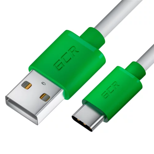 GCR Кабель 1.0m TypeC, белый, зеленые коннекторы, быстрая зарядка, 28/24 AWG, GCR-53246