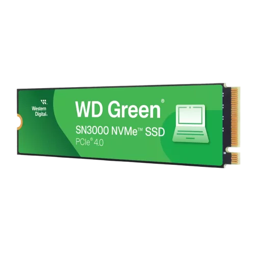 Твердотельные накопители/ WD SSD Green SN3000, 500GB, M.2(22x80mm), NVMe, PCIe 4.0 x4, QLC, R/ W 5000/ 4100MB/ s, TBW 100, DWPD 0.2 (12 мес.) (WDS500G4G0E)