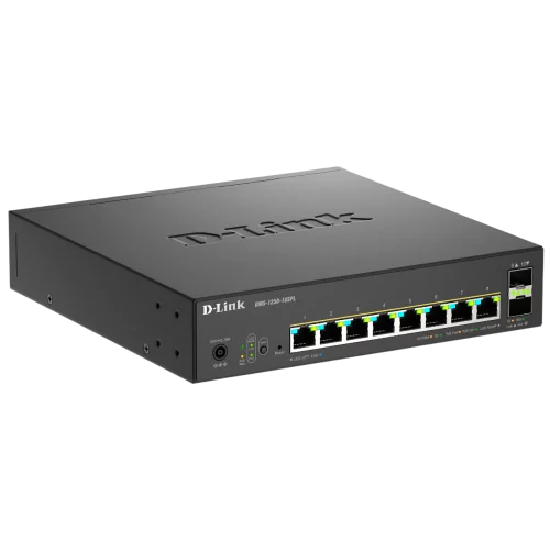 Коммутатор/ Управляемый L2 PoE-коммутатор, 8x2.5GBase-T PoE (2 порта PoE 802.3bt 60 Вт), 2x10GBase-X SFP+, PoE-бюджет 120 Вт, защита от статического электричества до 6 кВ, CLI (DMS-1250-10SPL/A1A/6KV)