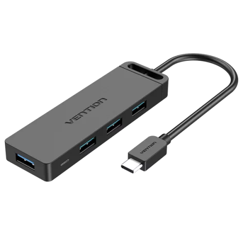 Vention Type-C to 4-Port USB 3.0 Hub with Power Supply Black 0.15M ABS Type (TGKBB)