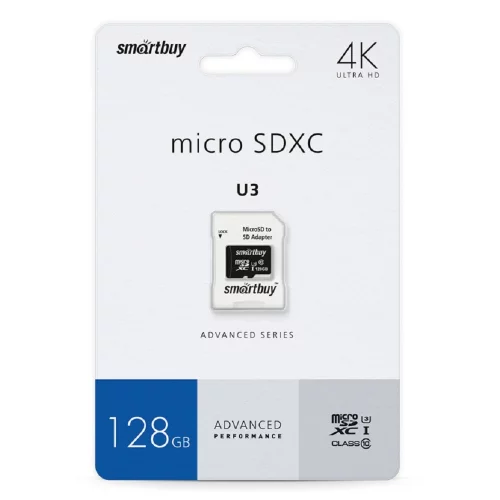 Micro SecureDigital 128GB Smartbuy U3 V30 A1 Advanced R/ W up to 90/ 55 с адапт (SB128GBSDU1A-AD)