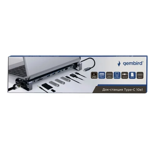 Gembird Док-станция Type-C,10 в 1:3xUSB3.1, PD87W, Jack, SD/TF, HDMI, RJ45, Type-C, кабель14см (UHB-D5) фото 3