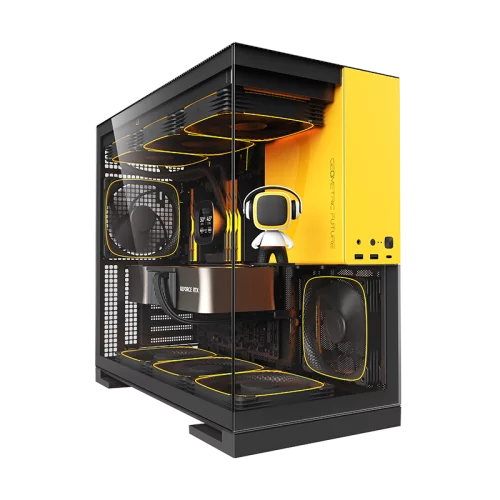 Корпус ПК без блока питания/ Case Geometric Future Model 5, Midi-Tower, TG, no fans, 2xUSB-A 3.0, 1xUSB 3.2 Type-C, E-ATX, ATX, mATX, mITX Black/ Yellow (1AM5WKBY00100)