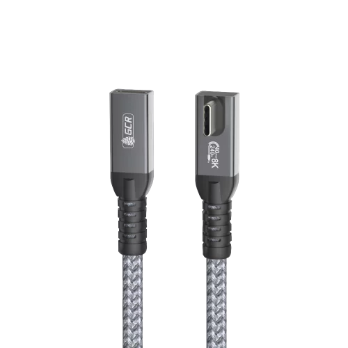 GCR PRO Удлинитель USB4 Type-C, 0.2m, угловой, 40Gbps, 240W, 8K60Hz, M/F, штекер Г-образный боковой (по центру корпуса), текстиль, серый, GCR-57139