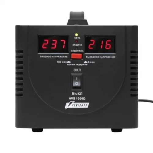 Стабилизатор POWERMAN AVS 1000D, черный, ступенчатый регулятор, цифровые индикаторы уровней напряжения, 1000ВА, 140-260В, максимальный в (POWERMAN AVS 1000D BLACK)