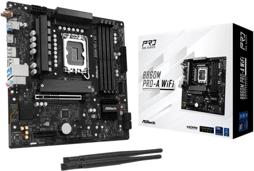 Материнская плата ASROCK B860M PRO-A WIFI, LGA1851, B860, 4*DDR5, 4*SATA, 4*M.2, 6*USB 3.2, 2*USB 2.0, Type-C, 2*PCIx16, 1*M.2 (Key E), HDMI+DP, mATX