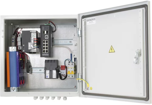 Уличный коммутатор OSNOVO OS-44TB1(SW-80802/ILS(port 90W)) Уличный управляемый (L2+) коммутатор на 10 портов с термостабилизацией, резервным питанием и функцией мониторинга температуры/влажности/напряжения на базе уличн