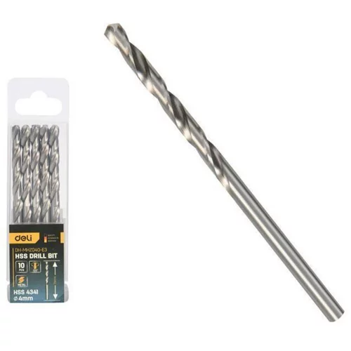 Набор сверл по металлу (4мм, 10 шт) Deli DH-MHZ040-E3 сталь HSS 4341, угол заточки 135 град, пласт. кейс