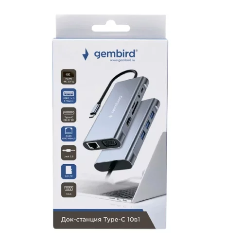 Gembird Док-станция Type-C 10в1: 3xUSB3.1, PD87W, Jack3.5, SD/TF, HDMI, RJ45, VGA, кабель15см (UHB-D4) фото 2