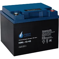 Battery Parus Electro, professional series HML-12-45, voltage 12V, capacity 45Ah (discharge 10 hours), max. discharge current (5sec) 450A, max. charge current 13.5A, lead-acid AGM type, M6 bolt terminals, LxWxH 197x165x170mm., total height with terminals