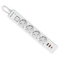 Defender Удлинитель с сетевым фильтром DFS 143, белый, 4розетки, USB+TypeC, 3 м. (99434)