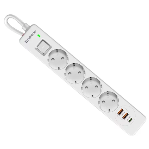 Defender Удлинитель с сетевым фильтром DFS 143, белый, 4розетки, USB+TypeC, 3 м. (99434)
