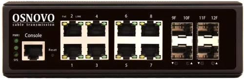 Промышленный коммутатор Gigabit Ethernet OSNOVO SW-70804/IL Промышленный управляемый (L2+) коммутатор Gigabit Ethernet на 8 GE Rj45 + 4 GE SFP порта. Порты: 8 x GE (10/100/1000Base-T) + 4 x GE SFP (1000Base-X). Уровень управления L2 (Full Ma