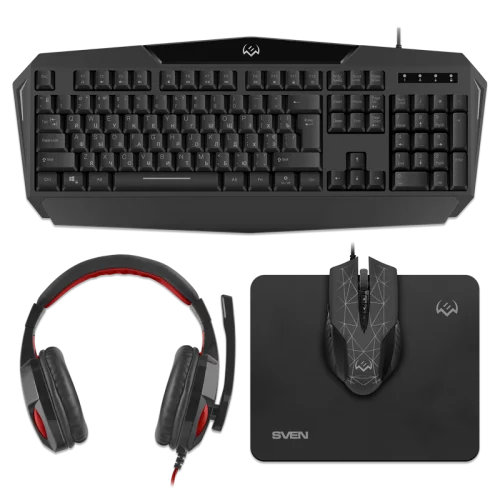 Игровой набор клавиатура+мышь+гарнитура+коврик SVEN GS-4300 (104 кл.+12Fn, 8 смен. кл., 200-4800DPI) (SV-018382)