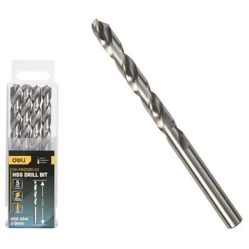 Набор сверл по металлу (9мм, 5 шт) Deli DH-MHZ090-E3 сталь HSS 4341, угол заточки 135 град, пласт. кейс