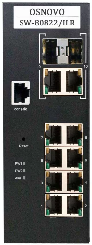 Промышленный PoE коммутатор Gigabit Ethernet OSNOVO SW-80822/ILR Промышленный управляемый (L2+) PoE коммутатор Gigabit Ethernet на 12 портов. Порты: 2 x GE (10/100/1000Base-T) с PoE BT (до 90W) + 6 x GE (10/100/1000Base-T) с PoE (до 30W) + 2 x G