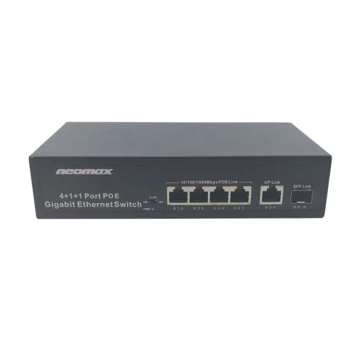 NEOMAX неуправляемый коммутатор NMS-106PoE-1000-S, 6 портов 1000 Mbps, 4xPoE+, 1xSFP, 110W, металл