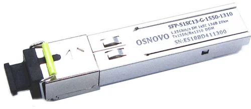 Oптический SFP модуль OSNOVO SFP-S1SC13-G-1550-1310 Оптический SFP Модуль. Одно волокно Single Mode. Скорость: до 1,25 Гбит/c. Тип разъема: SC. Оптический бюджет: 13дБ. Расстояние передачи - до 20км. Рабочая длина волны,нм