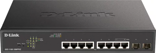 Коммутатор D-Link DGS-1100-10MPPV2/ A 8x1Гбит/ с 2SFP 8PoE+ 242W настраиваемый (DGS-1100-10MPPV2/A)