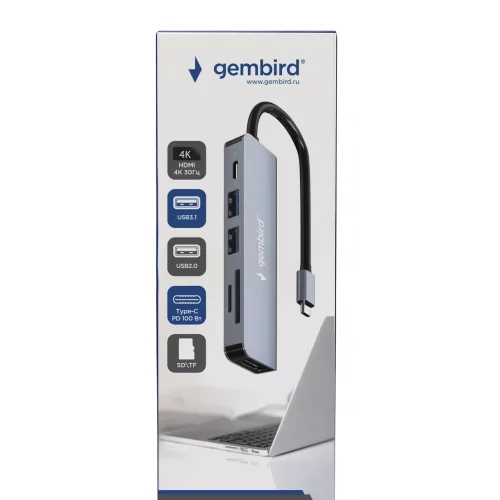 Gembird Док-станция Type-C 6в1: USB3.1, PD100W, SD/TF, USB2.0, HDMI, кабель 16см, алюминий (UHB-D9) фото 2