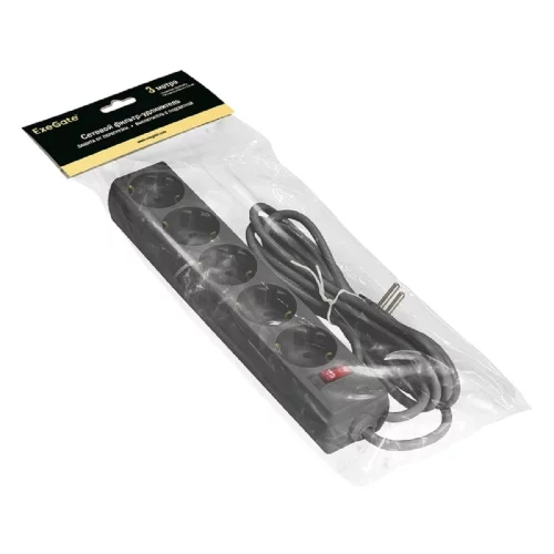 Exegate EX221185RUS Сетевой фильтр Exegate SP-5-3B (5 розеток, 3м, евровилка, черный) фото 2