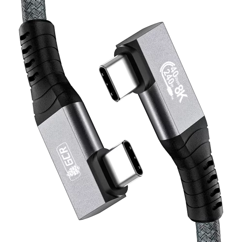 GCR PRO Кабель USB4 Type-C, 2.0m, угловой, 40Gbps, 240W, 8K60Hz, M/M, разъемы Г-образные, боковые, текстиль, серый, GCR-57134