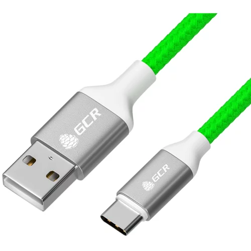 GCR QC Кабель 0.5m, TypeC, быстрая зарядка, зеленый нейлон, AL корпус серебро, белый ПВХ, 28/24 AWG, GCR-52496