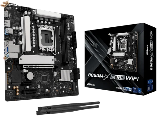 Материнская плата ASROCK B860M-X Gen5 WiFi, LGA1851, B860, 2*DDR5, 4*SATA, 2*M.2, 3*USB 3.2, 2*USB 2.0, Type-C, 2*PCIx16, 1*M.2 (Key E), HDMI+DP, mATX