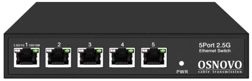Коммутатор 2.5G Ethernet OSNOVO SW-5D-1 Коммутатор 2.5G Ethernet на 5 RJ45 портов. Порты: 5 x 2.5G (10/100/1000/2500Base-TX). Auto MDI/MDIX. Встроенная грозозащита 3кВ. В комплекте БП DC12V(2A). Размеры (ШхВхГ): 160x31x112мм.