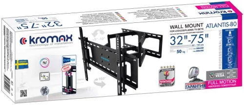 Кронштейн для ТВ KROMAX ATLANTIS-80 black (max VESA 600x400мм, настенный, наклонно-поворотный, 32-75, max 50 кг) (29003) фото 2