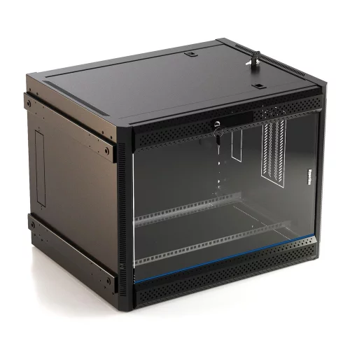 Шкаф Hyperline Hyperline TWB-FC-1866-GP-RAL9004 Шкаф настенный 18U, 920x600х600мм, стеклянная дверь с перфорацией п 18U, 920x600х600мм, стеклянная дверь с перфорацией по бокам, ручка с замком, с возможностью установки на ножки (в комплекте), цвет черный (