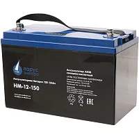 Battery Parus Electro, standard series HM-12-150, voltage 12V, capacity 150Ah (discharge 10 hours), max. discharge current (5sec) 970A, max. charge current 40A, lead-acid type AGM, bolt terminals M8, LxWxH 482x170x240mm., total height with terminals 240mm