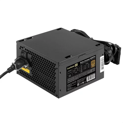 Блок питания 450W ExeGate 80 PLUS® Bronze 450PPH-S (ATX, APFC, SC, КПД 88% (80 PLUS Bronze), 12cm fan, 24pin, (4+4)pin, 2xPCI-E, 3xSATA, 3xIDE, кабель 220V 1,8м с защитой от выдергивания, black, Color Box) (EX298359RUS-S)