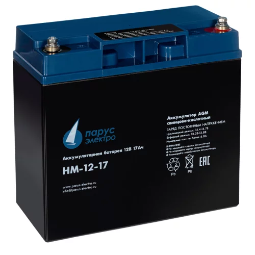 Battery Parus Electro, standard series HM-12-17, voltage 12V, capacity 17Ah (discharge 20 hours), max. discharge current (5sec) 225A, max. charge current 6.8A, lead-acid AGM type, M5 bolt terminals, LxWxH 181x77x167mm., total height with terminals 167mm.,